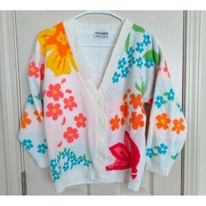 Vintage Knit Waves Acrylic White‎ Floral Button Down Cardigan Woman's Size Small